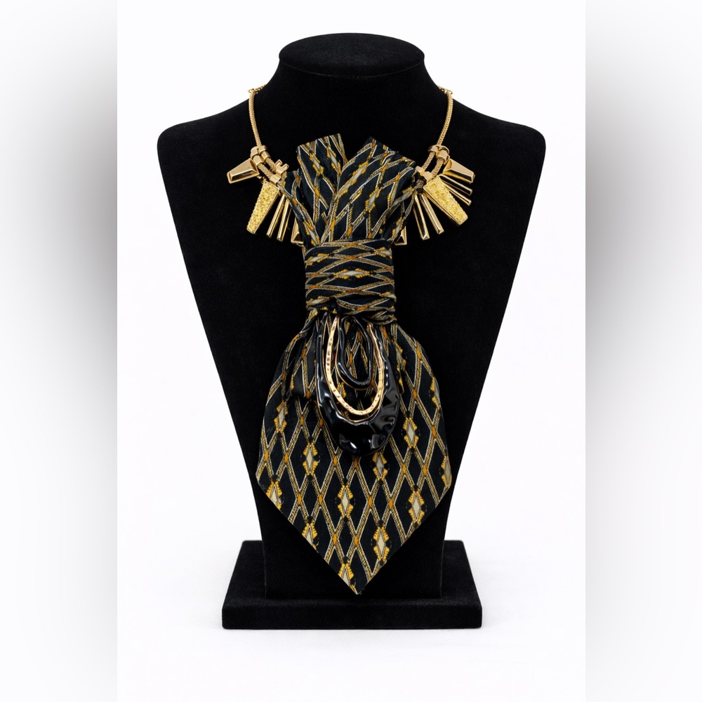 One of a Kind Handmade 100% Silk Tie Necklace Statement Black Gold Chic NWOT